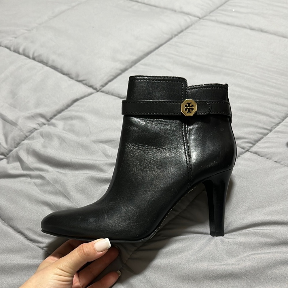 Tory Burch Black Heeled Boots with Gold Detail